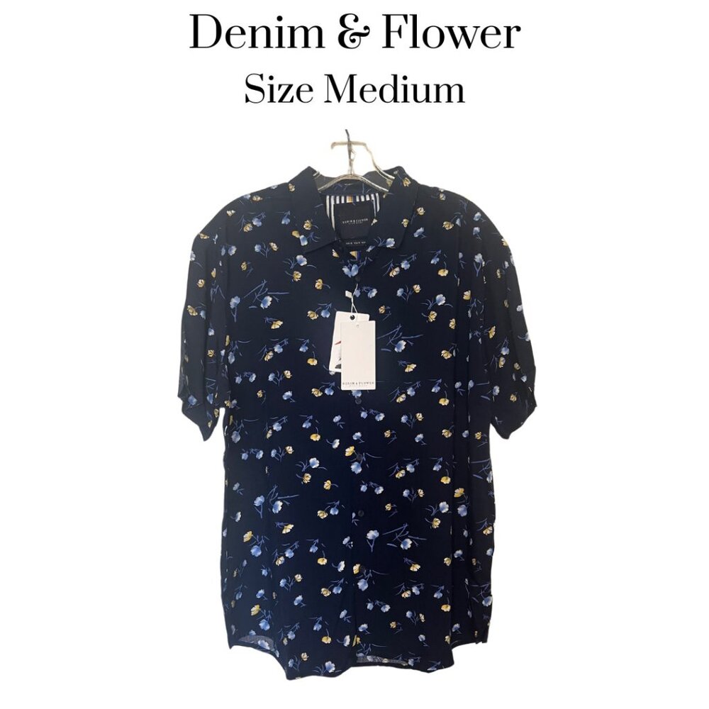 NWT Denim & Flower Men's buttondown navy blue floral Viscose casual shirt Medium